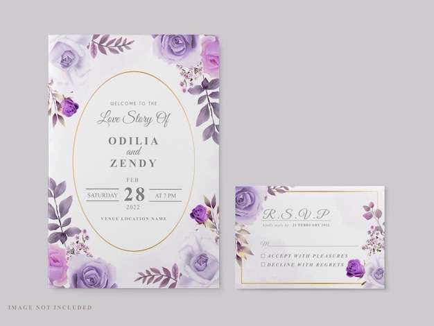 Beautiful wedding card template with purple floral theme