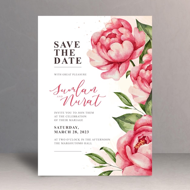 Шаблон красивой свадебной открытки с акварельными цветами