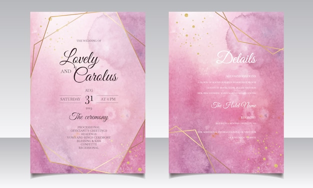 Beautiful wedding card watercolor background with splash and gold lines