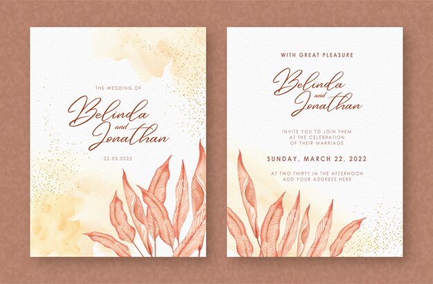 Beautiful wedding card with exotic leaves watercolor