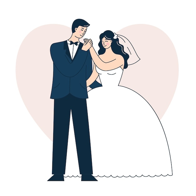 美しい結婚式のカップル。新郎新婦。落書きベクトルイラスト