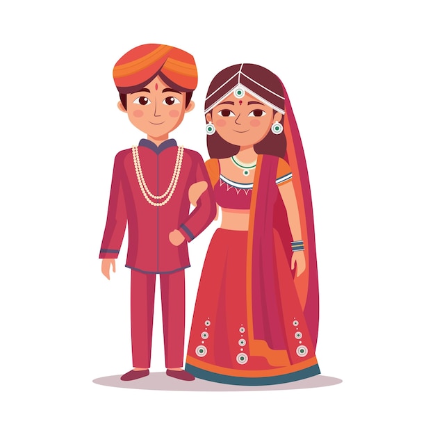 Beautiful Wedding Couple Character Wearing Traditional Attire in Standing Pose