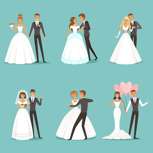 Vector beautiful wedding couple characters. bride and groom