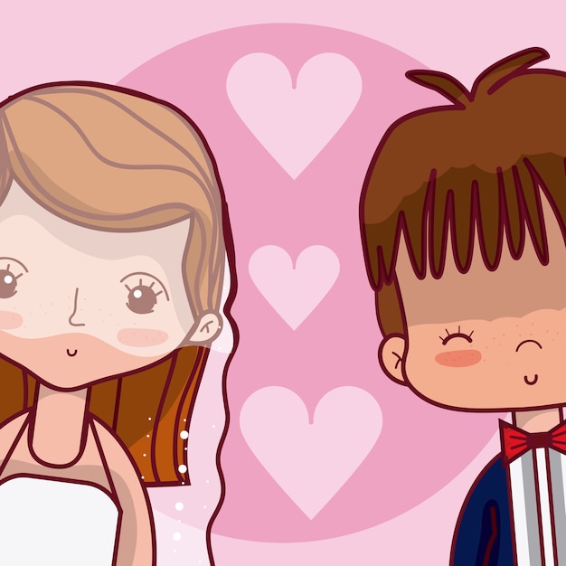 Beautiful wedding couple in love with hearts cartoon