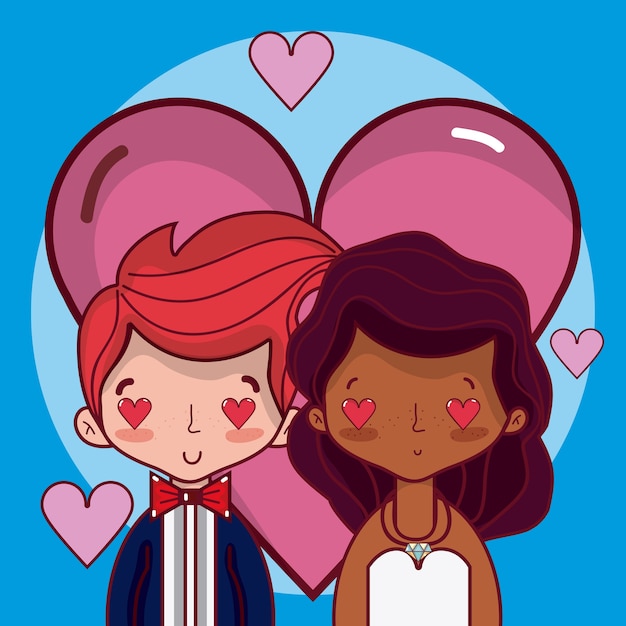 Vector beautiful wedding couple in love with hearts cartoon