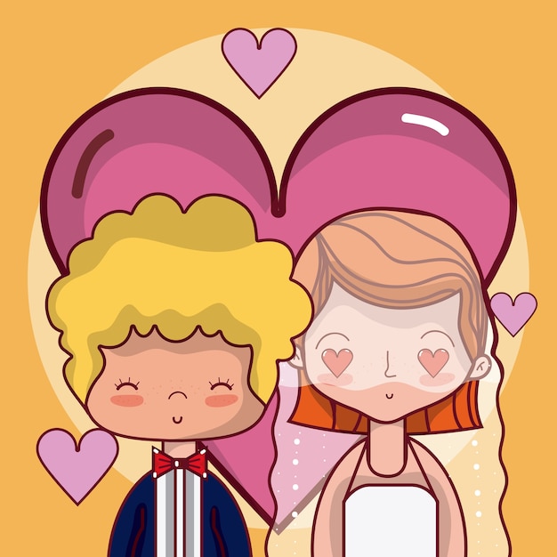 Beautiful wedding couple in love with hearts cartoon