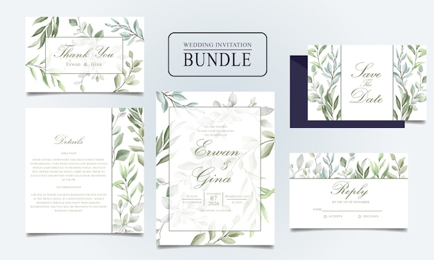 Beautiful wedding invitation card bundle with watercolor leaves