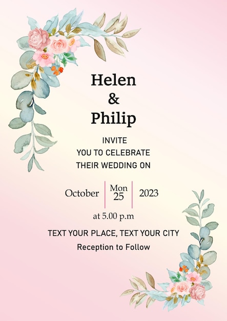 Beautiful wedding invitation card floral ornament with pink and yellow gradient.