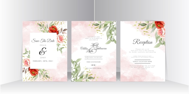 beautiful wedding invitation card set with had drawn flower and leaves