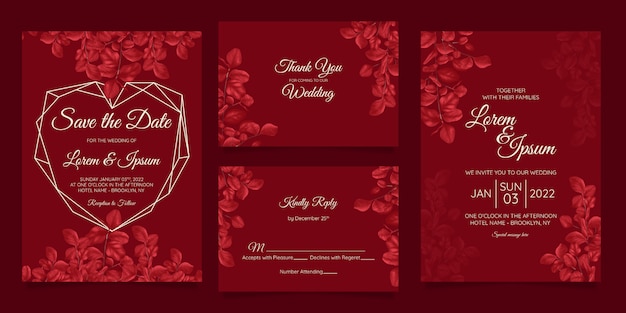 花のフレームで設定された美しい結婚式の招待カードテンプレート