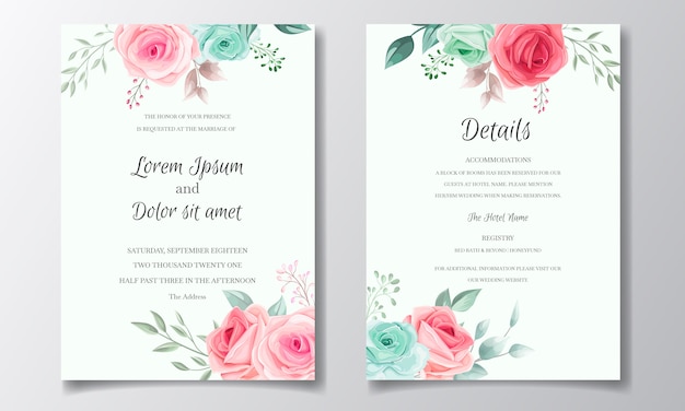 Beautiful wedding invitation card template set with floral frame