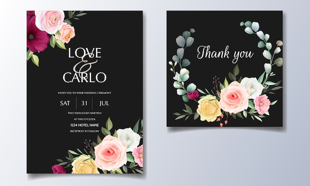 Beautiful wedding invitation card template set with floral frame