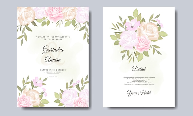 Beautiful wedding invitation card template set with floral and leaves frame  