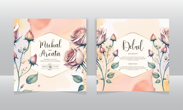 Vector beautiful wedding invitation card template set with floral and watercolor background