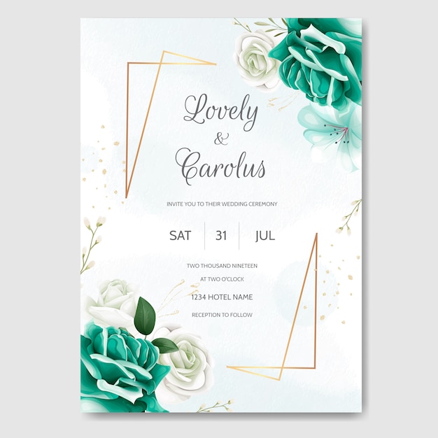 Vector beautiful wedding invitation card template set with greenery floral leaves and gold frame