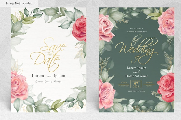 手描きのアレンジメントの花と葉で設定された美しい結婚式の招待カードテンプレート