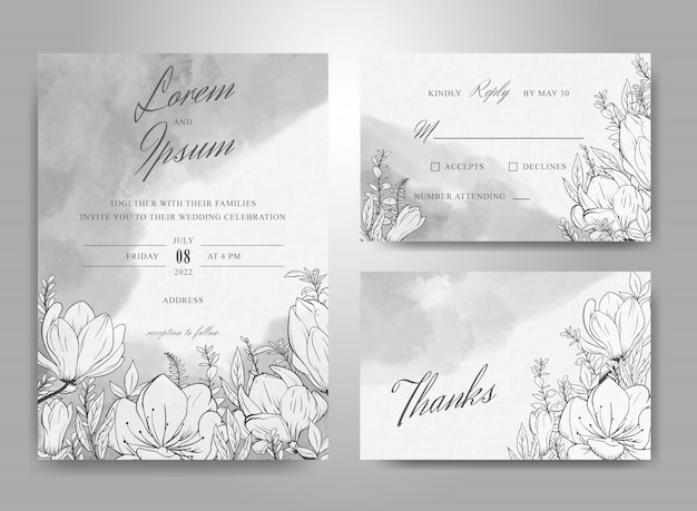 Beautiful Wedding Invitation Card Template Set with Hand Drawn Floral  and Watercolor Splash Background