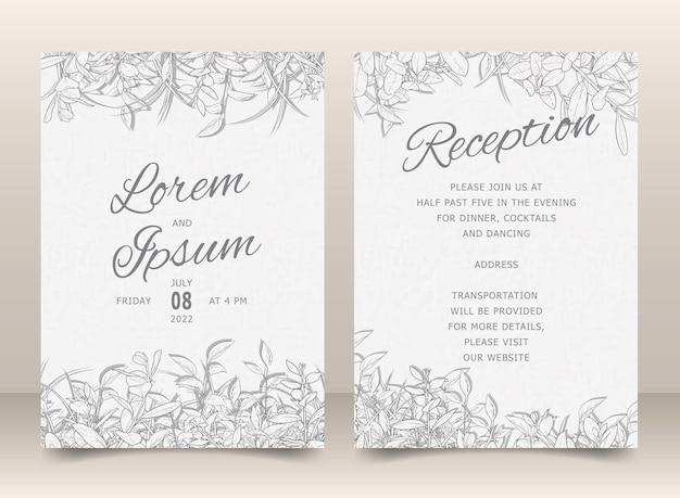 Beautiful Wedding Invitation Card Template Set with Hand Drawn Foliage