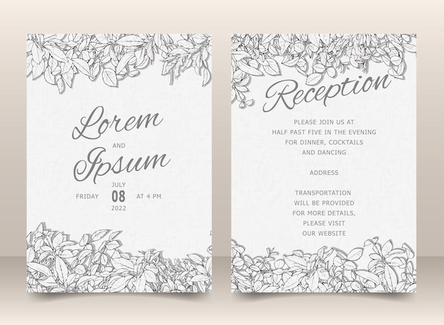 Beautiful Wedding Invitation Card Template Set with Hand Drawn Foliage
