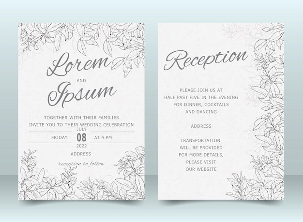 Beautiful Wedding Invitation Card Template Set with Hand Drawn Foliage