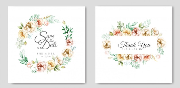 beautiful  wedding invitation card template set with watercolor flowers