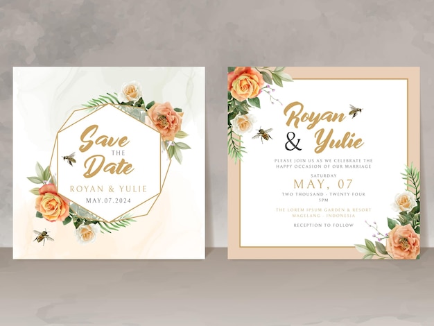 beautiful wedding invitation card template with honey bee and floral design