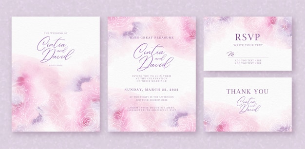 ピンクパープルの抽象的な背景を持つ美しい結婚式の招待カードテンプレート