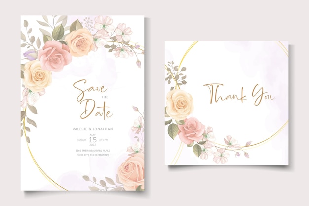 Beautiful wedding invitation card template with rose and leaf decoration