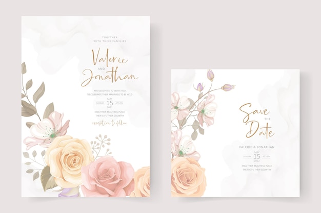 Beautiful wedding invitation card template with rose and leaf decoration