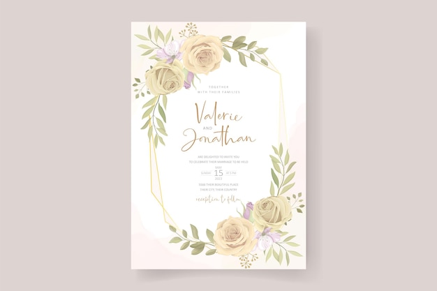 Bellissimo modello di biglietto d'invito per matrimonio con decorazione di rose e foglie