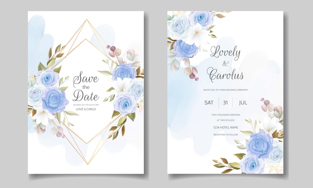 Beautiful wedding invitation card template with spring leaves and flower