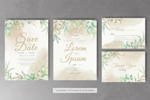 水彩手描きの葉と美しい結婚式の招待カードテンプレート