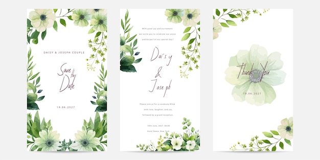 Beautiful wedding invitation card template with white jasmine leaves and flower