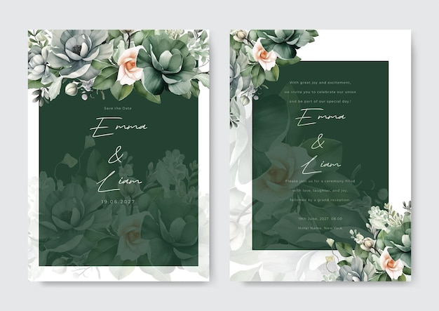 Beautiful wedding invitation card template with white and yellow roses