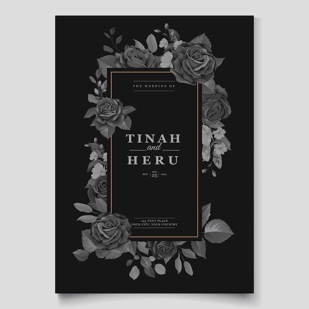 Beautiful wedding invitation card with black floral wreath