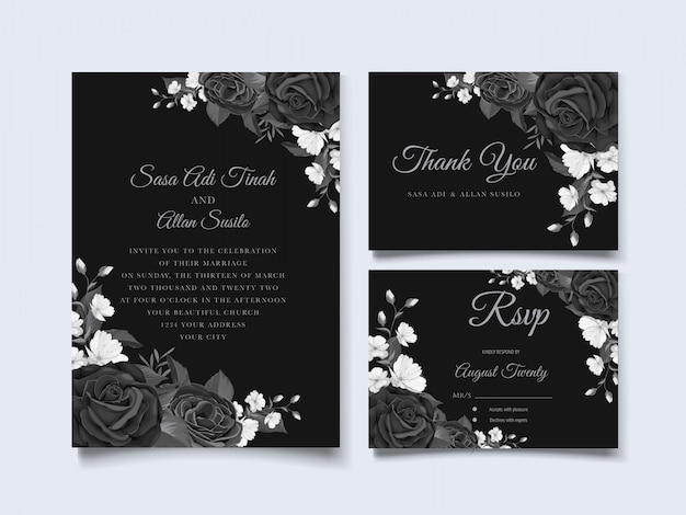 Beautiful wedding invitation card with black floral wreath