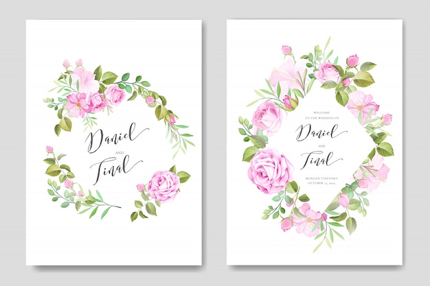 beautiful wedding and invitation card with floral and leaves frame