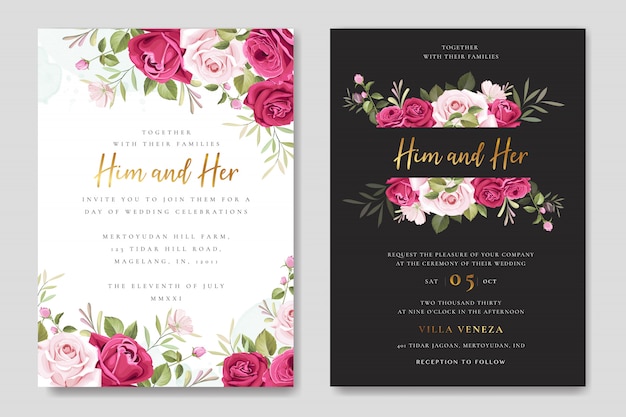 Beautiful wedding invitation card with floral and leaves wreath