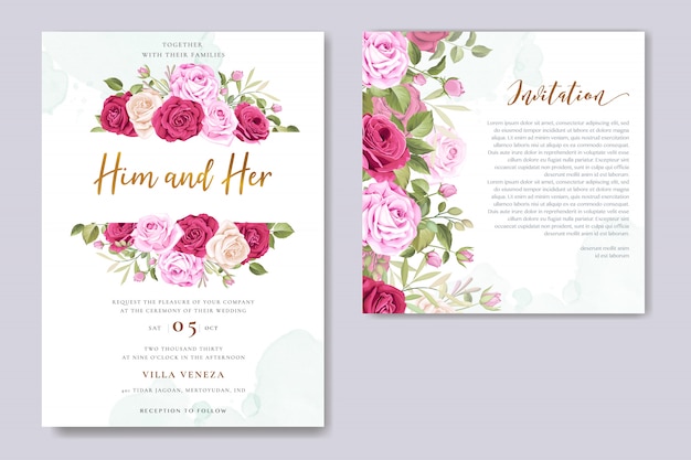 beautiful wedding invitation card with floral and leaves wreath