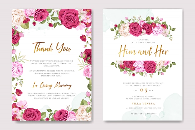 Beautiful wedding invitation card with floral and leaves wreath