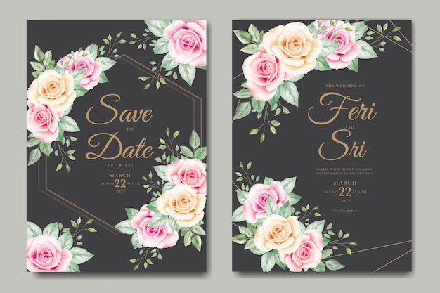 花の水彩画と美しい結婚式の招待カード