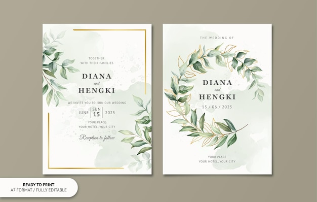 Vector beautiful wedding invitation card with leaves watercolor