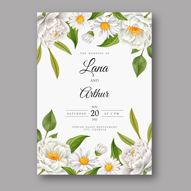 Beautiful wedding invitation card with watercolor white flower