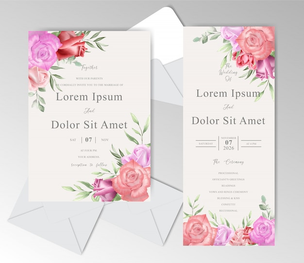 Beautiful Wedding Invitation Cards Template with Watercolor Greenery and Roses