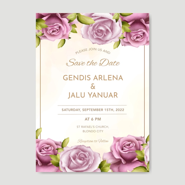 Beautiful wedding invitation cards template with watercolor greenery and roses
