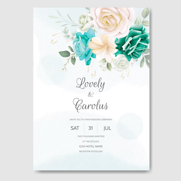 Beautiful wedding invitation floral watercolor and green leaves