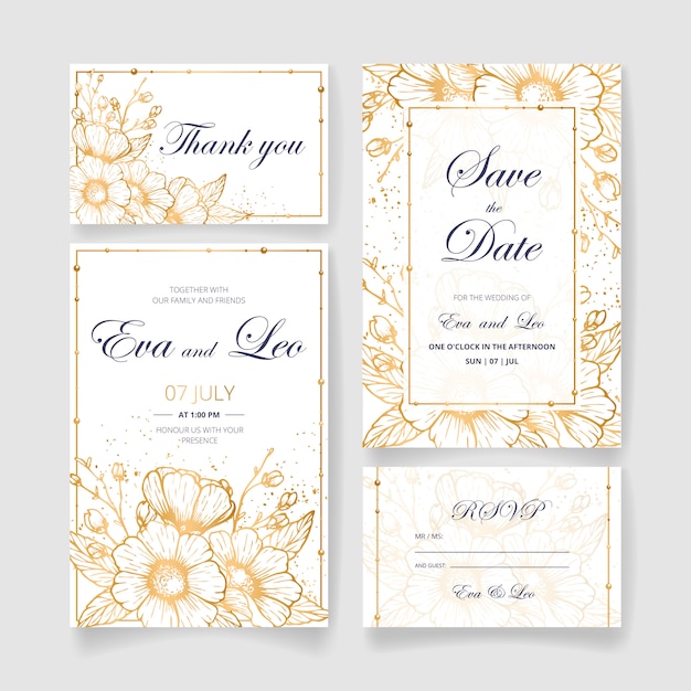 Bellissimo set di inviti di nozze (salva la data card, la carta rsvp, la carta di ringraziamento) con fiori, foglie e rami dorati. invito a nozze felice. ideale per cerimonia di matrimonio e buon matrimonio!