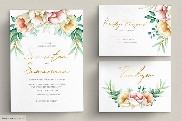 Vector beautiful wedding invitation set with watercolor flowers
