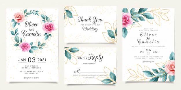 Vector beautiful wedding invitation stationery template set with watercolor floral and glitter background