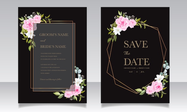 Beautiful wedding invitation template set with soft pink floral frame and border decoration